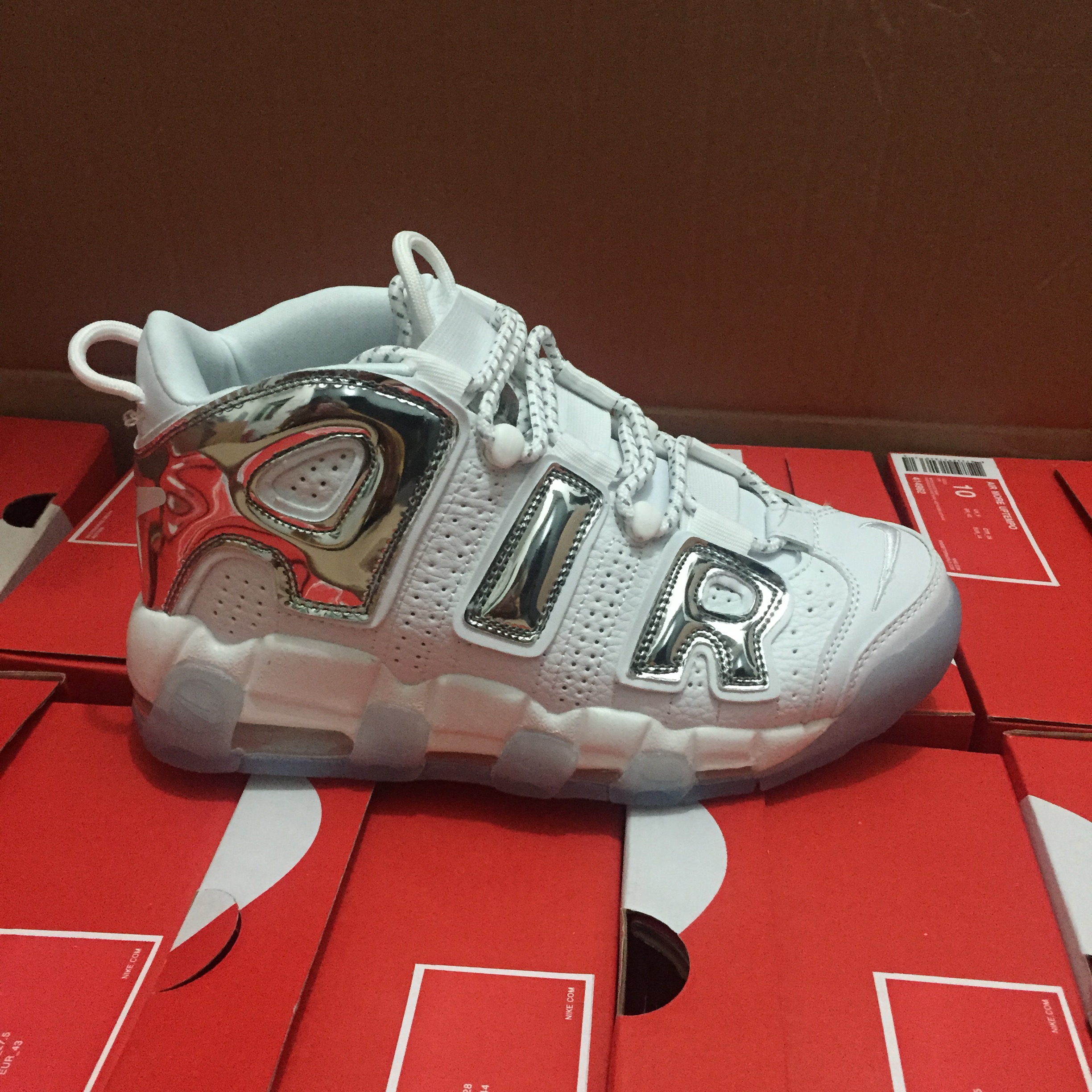 Men Nike Air More Uptempo White Silver Shoes - Click Image to Close